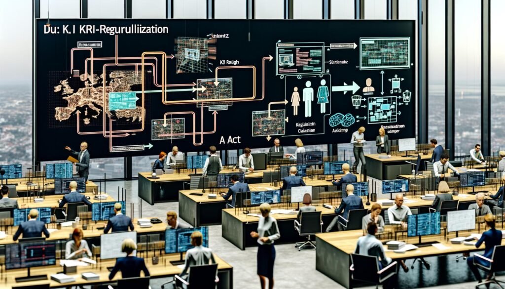 Deutsches Büro mit Fachkräften, die intensiv an KI-Regulierung, EU AI Act und Risikoklassifizierung arbeiten, mit Diagrammen, Gesetzestexten und Diskussionsgruppen.