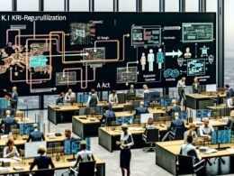 Deutsches Büro mit Fachkräften, die intensiv an KI-Regulierung, EU AI Act und Risikoklassifizierung arbeiten, mit Diagrammen, Gesetzestexten und Diskussionsgruppen.