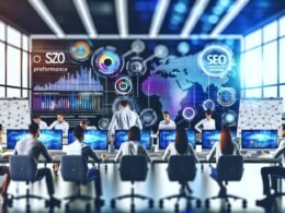 Modern ausgestattetes Office mit Content-Strateg*innen, SEO-Analyst*innen und Texter*innen, die fokussiert an Whiteboards, Tablets und Dashboards arbeiten, um datengetriebene Content-Marketing-Prozesse zu optimieren.