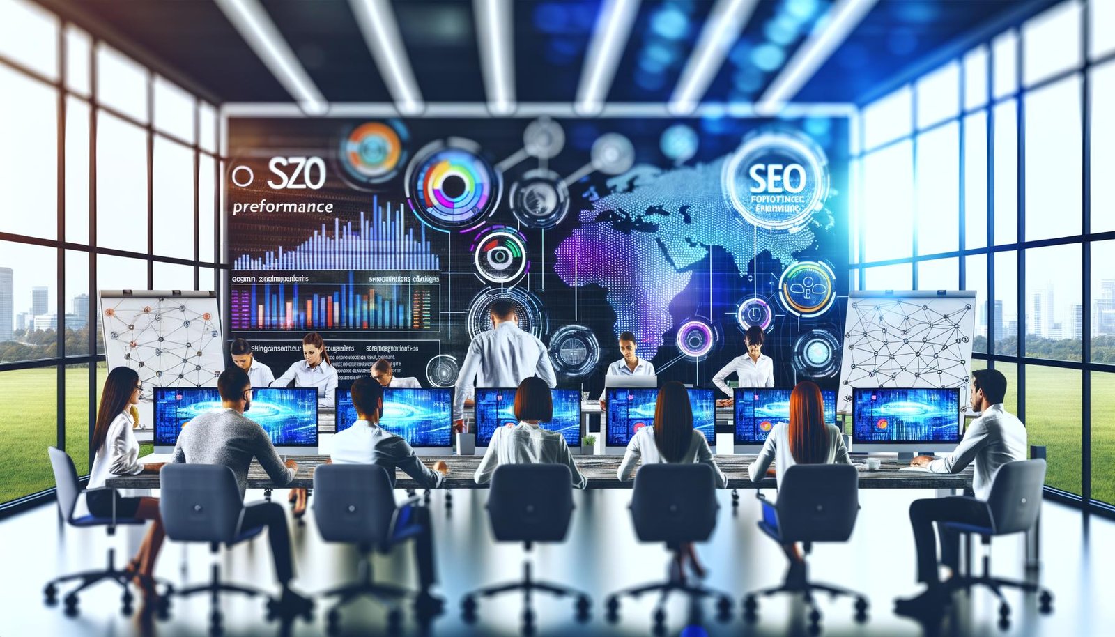 Modern ausgestattetes Office mit Content-Strateg*innen, SEO-Analyst*innen und Texter*innen, die fokussiert an Whiteboards, Tablets und Dashboards arbeiten, um datengetriebene Content-Marketing-Prozesse zu optimieren.