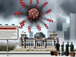 Metaphorisches Bild: Reichstag in Berlin, moderne Bürogebäude, rotes Paragrafen-Spinnennetz um KI-Symbole, frustrierte Startup-Gründer mit Koffern, Aktenstapel und Bürokraten im Vordergrund.