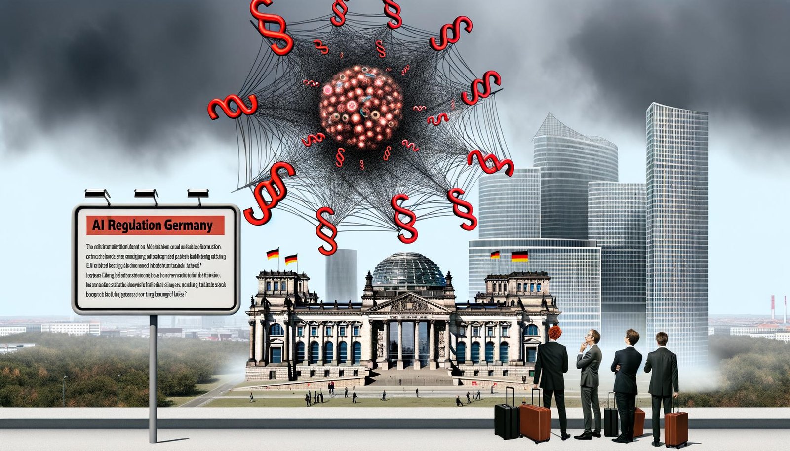 Metaphorisches Bild: Reichstag in Berlin, moderne Bürogebäude, rotes Paragrafen-Spinnennetz um KI-Symbole, frustrierte Startup-Gründer mit Koffern, Aktenstapel und Bürokraten im Vordergrund.
