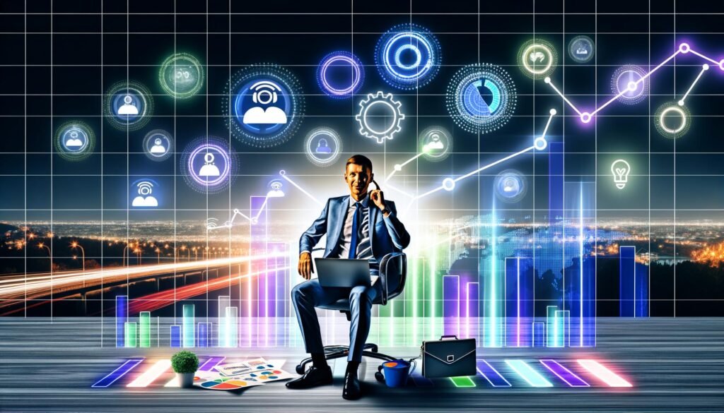 Ein Marketer sitzt entspannt an einem Schreibtisch mit bunten Grafiken, Automatisierungssymbolen, steigenden Traffic-Kurven und einer digitalen Skyline mit Suchmaschinen und Social-Media-Icons im Hintergrund.