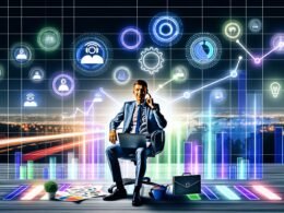 Ein Marketer sitzt entspannt an einem Schreibtisch mit bunten Grafiken, Automatisierungssymbolen, steigenden Traffic-Kurven und einer digitalen Skyline mit Suchmaschinen und Social-Media-Icons im Hintergrund.