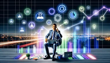 Ein Marketer sitzt entspannt an einem Schreibtisch mit bunten Grafiken, Automatisierungssymbolen, steigenden Traffic-Kurven und einer digitalen Skyline mit Suchmaschinen und Social-Media-Icons im Hintergrund.