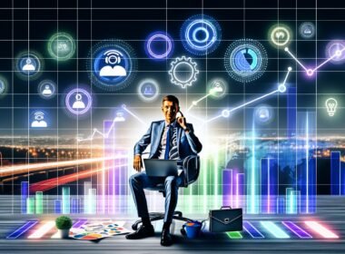 Ein Marketer sitzt entspannt an einem Schreibtisch mit bunten Grafiken, Automatisierungssymbolen, steigenden Traffic-Kurven und einer digitalen Skyline mit Suchmaschinen und Social-Media-Icons im Hintergrund.