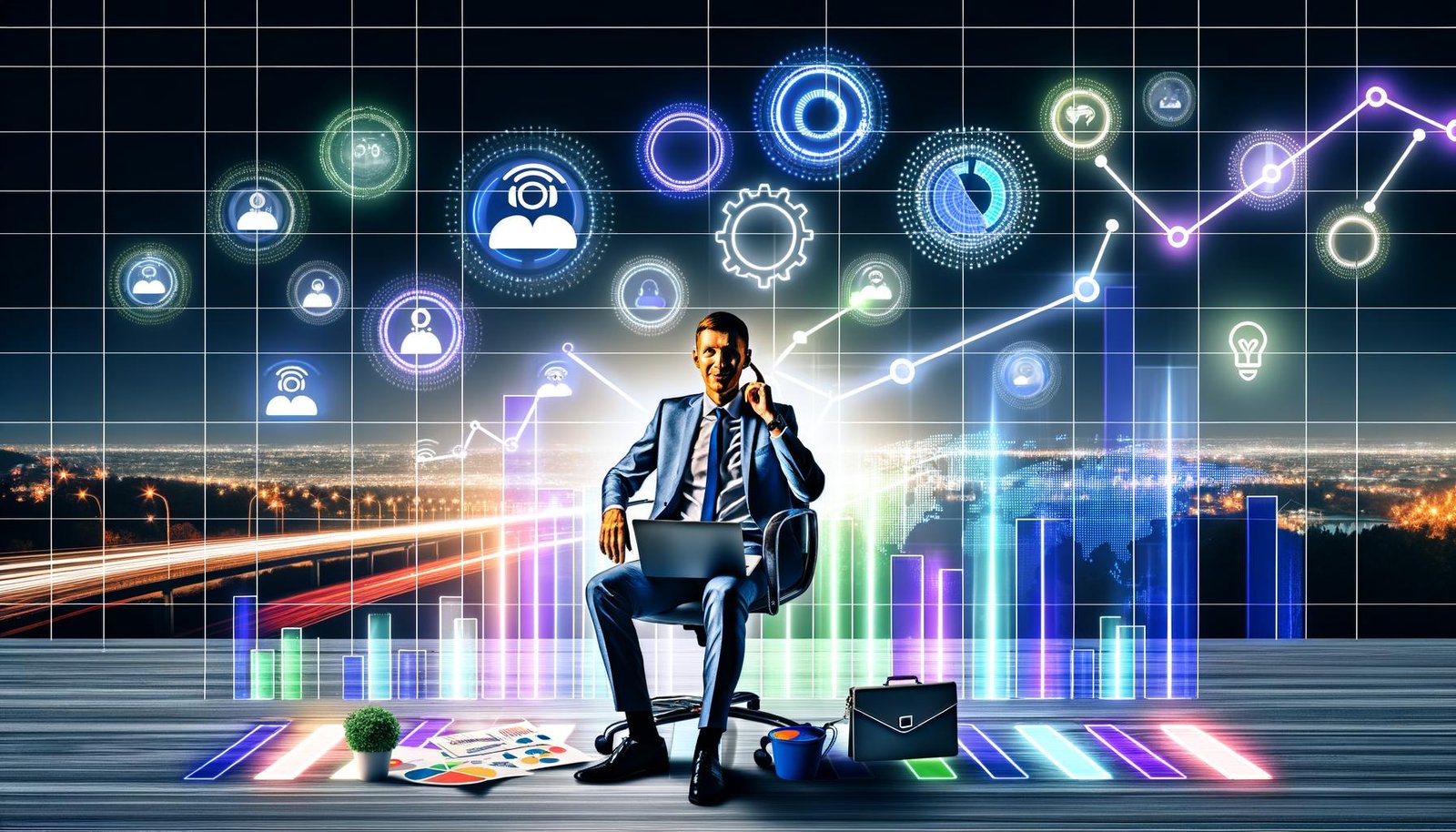 Ein Marketer sitzt entspannt an einem Schreibtisch mit bunten Grafiken, Automatisierungssymbolen, steigenden Traffic-Kurven und einer digitalen Skyline mit Suchmaschinen und Social-Media-Icons im Hintergrund.