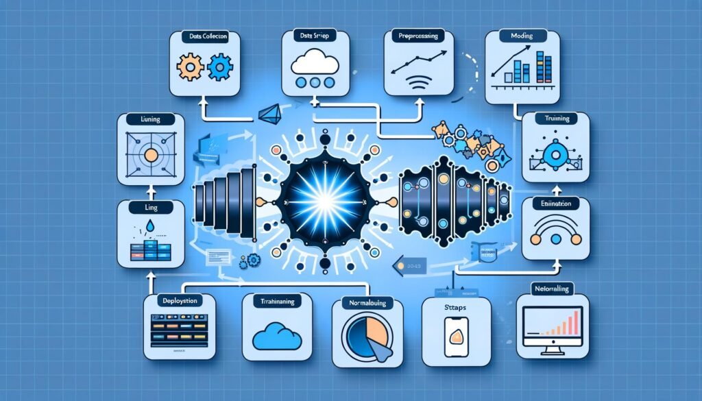 Moderne, dynamische Illustration eines TensorFlow-Workflows mit neuralem Netzwerk, Datenströmen, Code, Diagrammen und Cloud-Symbolen, die den kompletten Machine-Learning-Prozess darstellen.