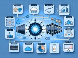 Moderne, dynamische Illustration eines TensorFlow-Workflows mit neuralem Netzwerk, Datenströmen, Code, Diagrammen und Cloud-Symbolen, die den kompletten Machine-Learning-Prozess darstellen.
