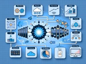 Moderne, dynamische Illustration eines TensorFlow-Workflows mit neuralem Netzwerk, Datenströmen, Code, Diagrammen und Cloud-Symbolen, die den kompletten Machine-Learning-Prozess darstellen.