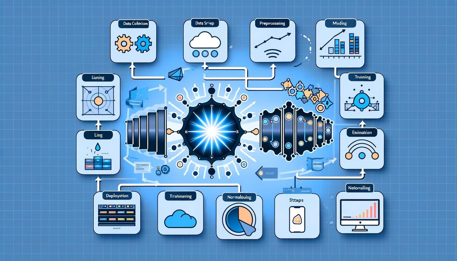 Moderne, dynamische Illustration eines TensorFlow-Workflows mit neuralem Netzwerk, Datenströmen, Code, Diagrammen und Cloud-Symbolen, die den kompletten Machine-Learning-Prozess darstellen.