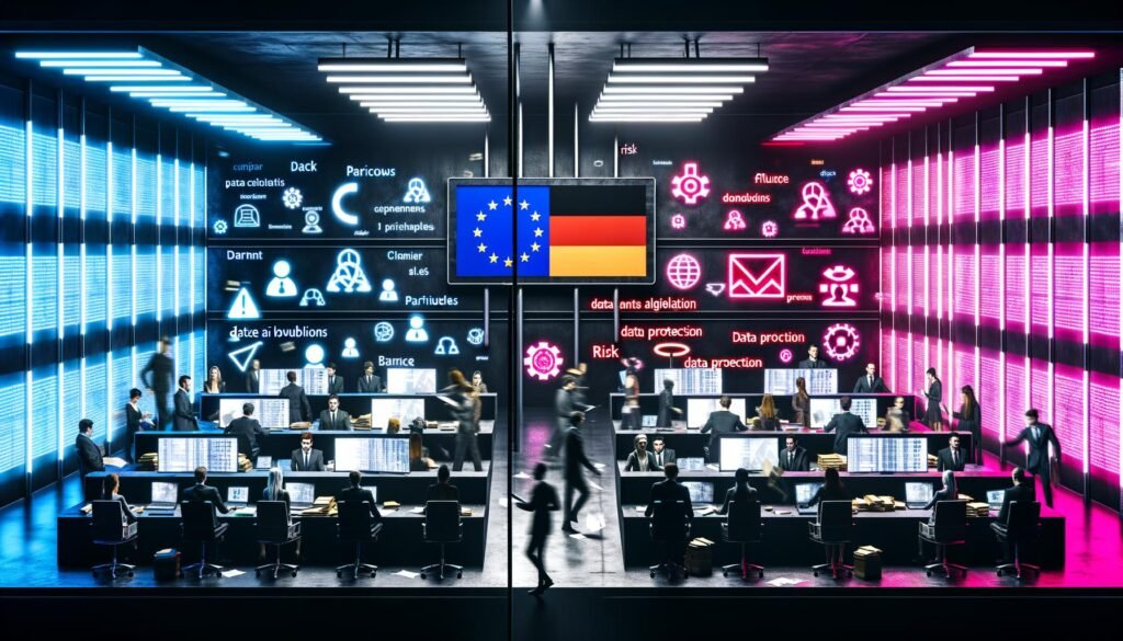 Futuristischer Kontrollraum mit Menschen, die an Laptops arbeiten, und leuchtenden Monitoren mit KI-Algorithmen, Datenschutz-Icons, Paragrafen-Symbolen und Warnungen. Über alles ragen EU-Sternenbanner und deutsche Gesetzessymbole.