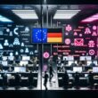 Futuristischer Kontrollraum mit Menschen, die an Laptops arbeiten, und leuchtenden Monitoren mit KI-Algorithmen, Datenschutz-Icons, Paragrafen-Symbolen und Warnungen. Über alles ragen EU-Sternenbanner und deutsche Gesetzessymbole.