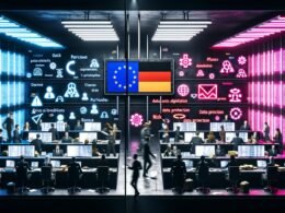 Futuristischer Kontrollraum mit Menschen, die an Laptops arbeiten, und leuchtenden Monitoren mit KI-Algorithmen, Datenschutz-Icons, Paragrafen-Symbolen und Warnungen. Über alles ragen EU-Sternenbanner und deutsche Gesetzessymbole.