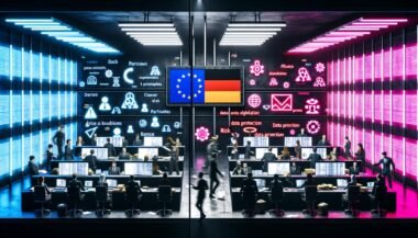 Futuristischer Kontrollraum mit Menschen, die an Laptops arbeiten, und leuchtenden Monitoren mit KI-Algorithmen, Datenschutz-Icons, Paragrafen-Symbolen und Warnungen. Über alles ragen EU-Sternenbanner und deutsche Gesetzessymbole.