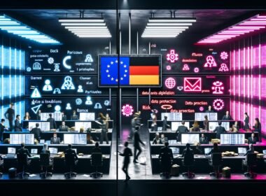 Futuristischer Kontrollraum mit Menschen, die an Laptops arbeiten, und leuchtenden Monitoren mit KI-Algorithmen, Datenschutz-Icons, Paragrafen-Symbolen und Warnungen. Über alles ragen EU-Sternenbanner und deutsche Gesetzessymbole.