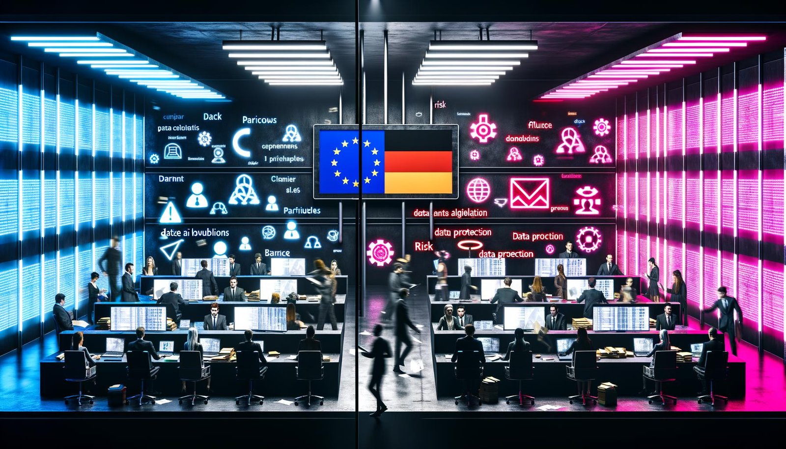 Futuristischer Kontrollraum mit Menschen, die an Laptops arbeiten, und leuchtenden Monitoren mit KI-Algorithmen, Datenschutz-Icons, Paragrafen-Symbolen und Warnungen. Über alles ragen EU-Sternenbanner und deutsche Gesetzessymbole.