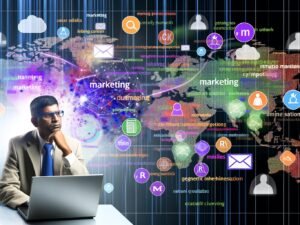 Marketingprofi mit Laptop vor digitalen Datenströmen, Statistiken, bunten Wortwolken und Social-Media-Symbolen in moderner Arbeitsatmosphäre.