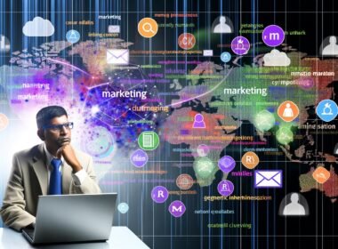 Marketingprofi mit Laptop vor digitalen Datenströmen, Statistiken, bunten Wortwolken und Social-Media-Symbolen in moderner Arbeitsatmosphäre.