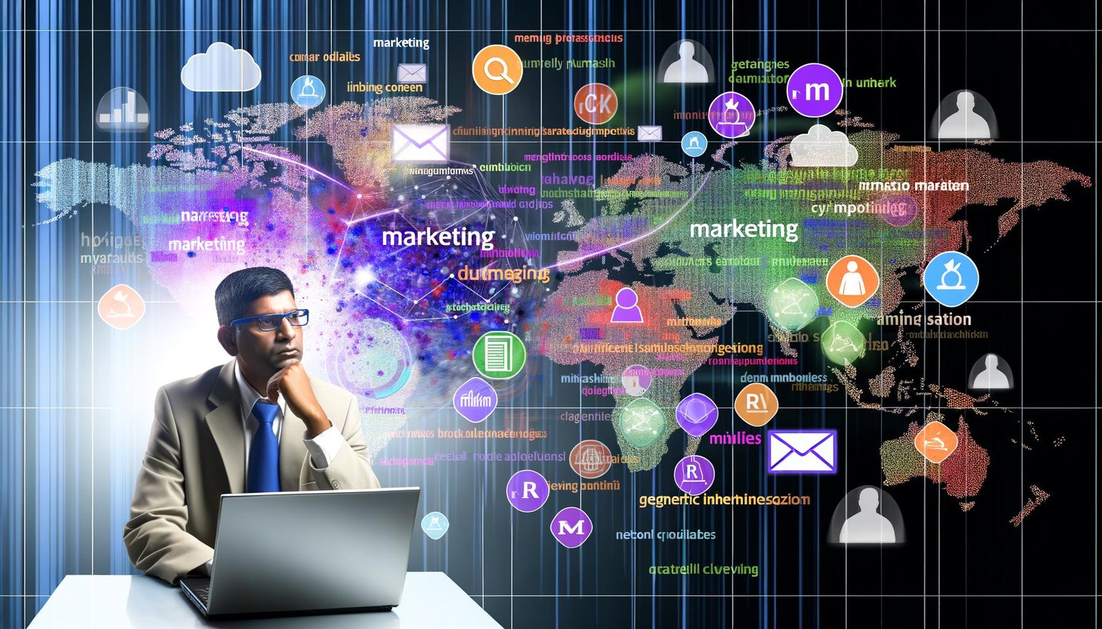 Marketingprofi mit Laptop vor digitalen Datenströmen, Statistiken, bunten Wortwolken und Social-Media-Symbolen in moderner Arbeitsatmosphäre.