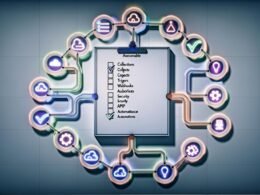 Moderne, minimalistische Abbildung einer Workflow Automation Checkliste für Directus mit Whiteboard, Kontrollkästchen, bunten Linien und Icons für Collections, Trigger, Webhooks, Automations, Extensions, Monitoring, Security, API-Governance und Serverless-Integrationen.