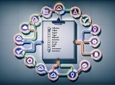 Moderne, minimalistische Abbildung einer Workflow Automation Checkliste für Directus mit Whiteboard, Kontrollkästchen, bunten Linien und Icons für Collections, Trigger, Webhooks, Automations, Extensions, Monitoring, Security, API-Governance und Serverless-Integrationen.