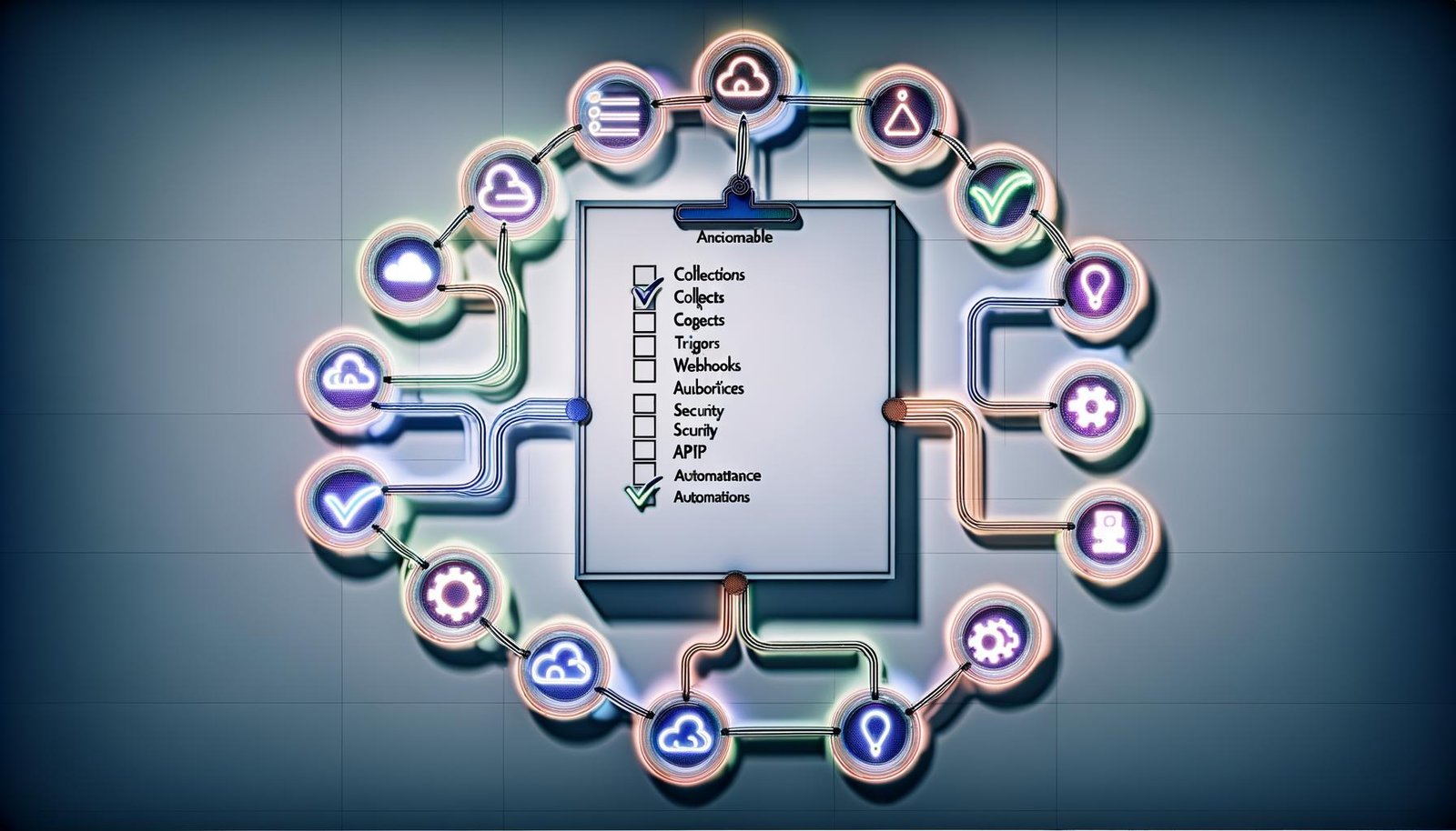 Moderne, minimalistische Abbildung einer Workflow Automation Checkliste für Directus mit Whiteboard, Kontrollkästchen, bunten Linien und Icons für Collections, Trigger, Webhooks, Automations, Extensions, Monitoring, Security, API-Governance und Serverless-Integrationen.