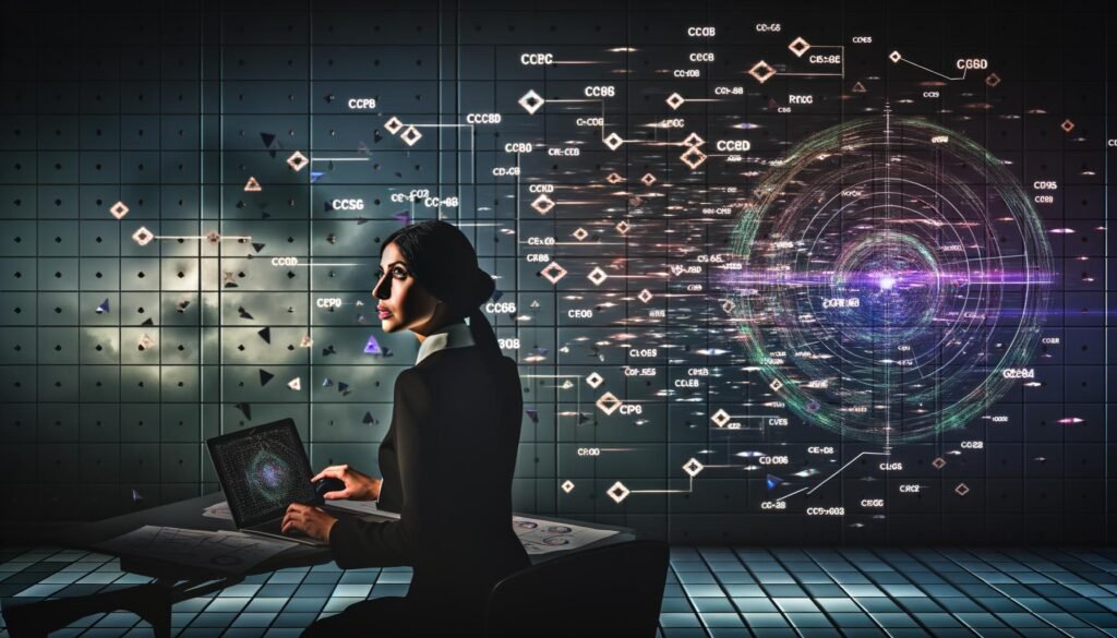 Marketerin in dunklem Raum analysiert holographische Marketingdaten, um Anzeigenleistung zu bewerten.