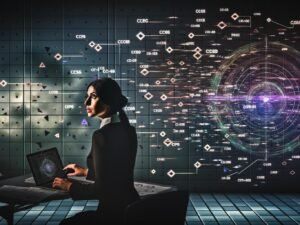 Marketerin in dunklem Raum analysiert holographische Marketingdaten, um Anzeigenleistung zu bewerten.