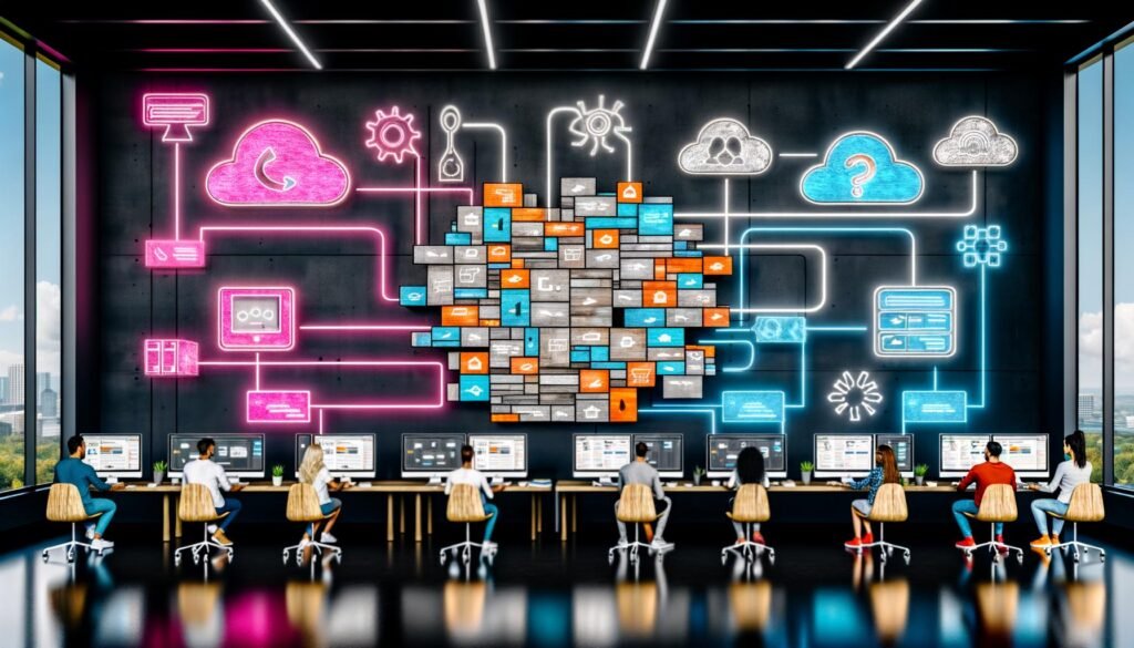 Moderne, stilisierte Arbeitsumgebung mit diversen digitalen Schöpfern vor Directus-Dashboards und Flowcharts, im Hintergrund verblassen veraltete CMS-Logos.