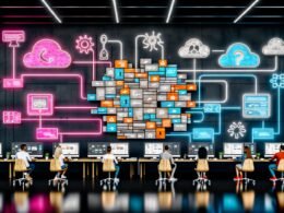 Moderne, stilisierte Arbeitsumgebung mit diversen digitalen Schöpfern vor Directus-Dashboards und Flowcharts, im Hintergrund verblassen veraltete CMS-Logos.