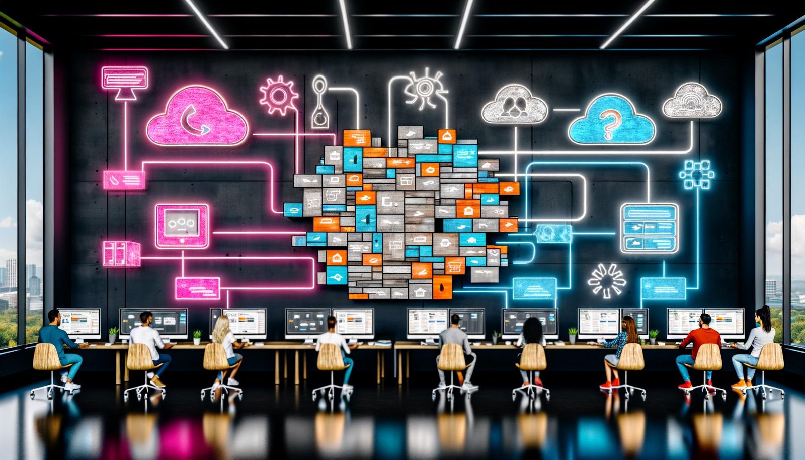 Moderne, stilisierte Arbeitsumgebung mit diversen digitalen Schöpfern vor Directus-Dashboards und Flowcharts, im Hintergrund verblassen veraltete CMS-Logos.