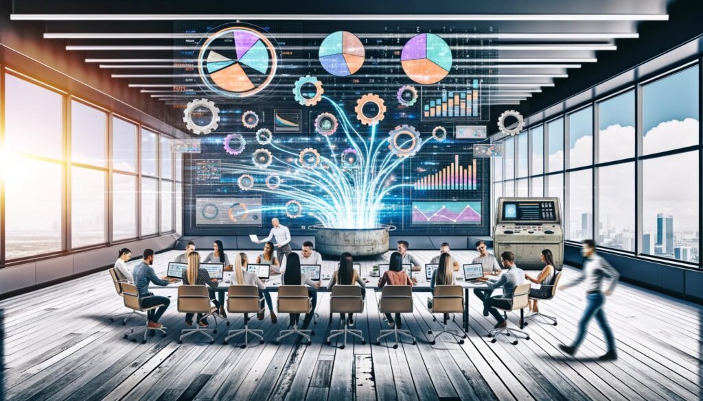 Marketingteam im modernen Büro analysiert Echtzeitdaten an Laptops mit KPIs und bunten Diagrammen, während digitale Anzeigen und virtuelle KI-Linien den Raum durchziehen. Ein altes Faxgerät steht als Symbol für veraltete Methoden in der Ecke.