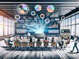 Marketingteam im modernen Büro analysiert Echtzeitdaten an Laptops mit KPIs und bunten Diagrammen, während digitale Anzeigen und virtuelle KI-Linien den Raum durchziehen. Ein altes Faxgerät steht als Symbol für veraltete Methoden in der Ecke.