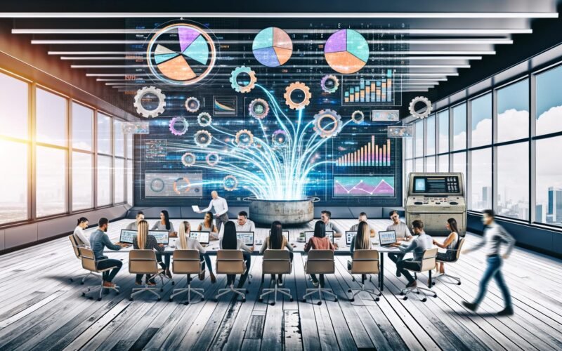 Marketingteam im modernen Büro analysiert Echtzeitdaten an Laptops mit KPIs und bunten Diagrammen, während digitale Anzeigen und virtuelle KI-Linien den Raum durchziehen. Ein altes Faxgerät steht als Symbol für veraltete Methoden in der Ecke.