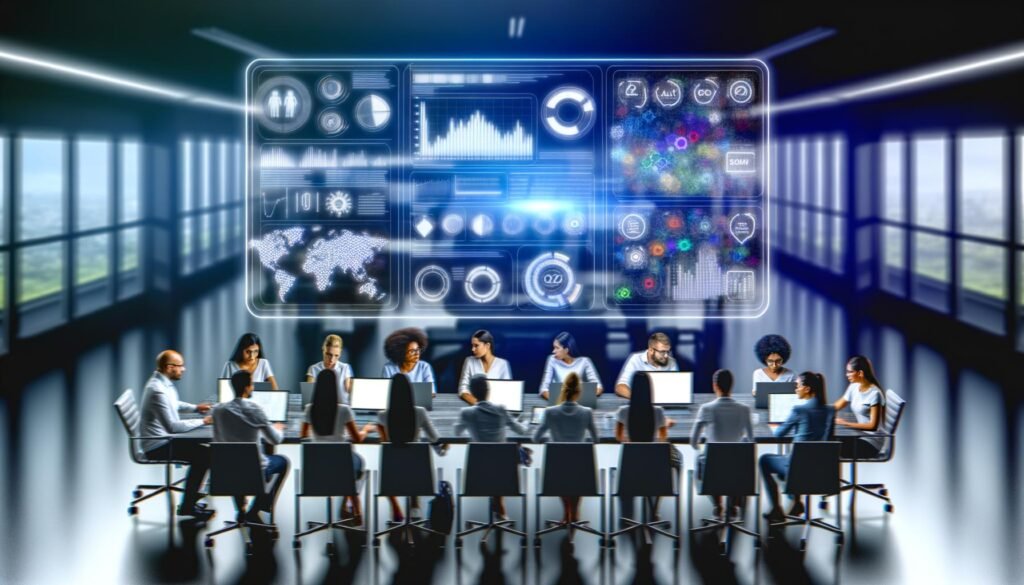 Team von Digital-Marketing-Experten analysiert ein futuristisches Dashboard mit Datenvisualisierungen, Wortwolken und SEO-Icons in einem modernen Büro.