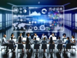Team von Digital-Marketing-Experten analysiert ein futuristisches Dashboard mit Datenvisualisierungen, Wortwolken und SEO-Icons in einem modernen Büro.