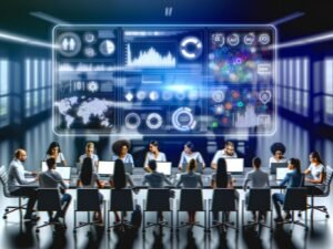 Team von Digital-Marketing-Experten analysiert ein futuristisches Dashboard mit Datenvisualisierungen, Wortwolken und SEO-Icons in einem modernen Büro.