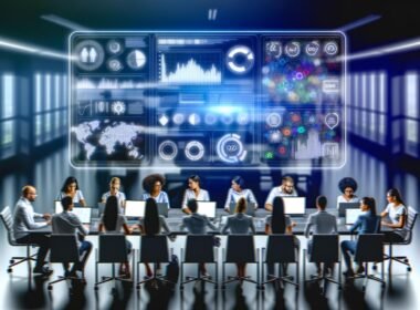 Team von Digital-Marketing-Experten analysiert ein futuristisches Dashboard mit Datenvisualisierungen, Wortwolken und SEO-Icons in einem modernen Büro.