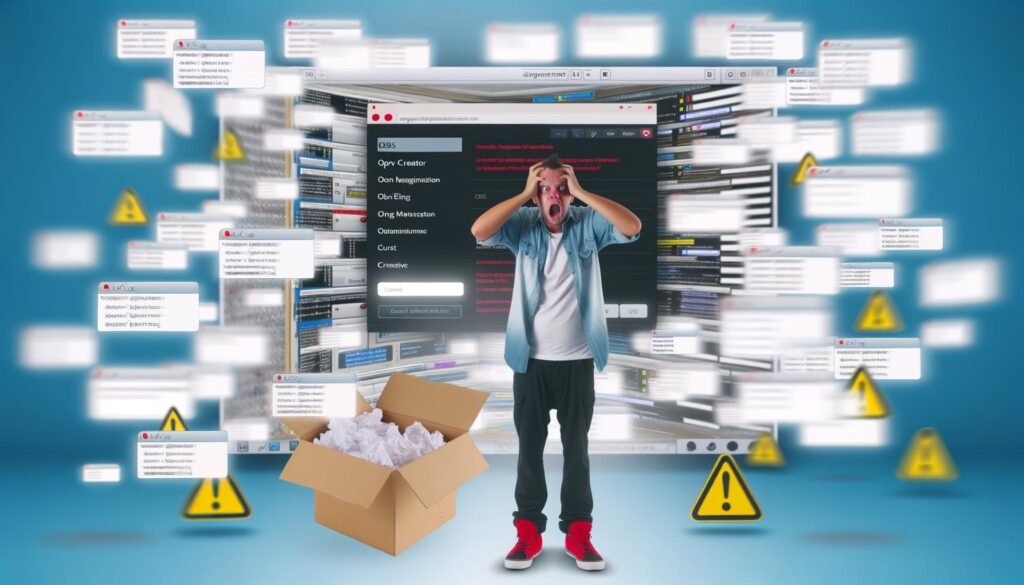 Illustration eines frustrierten Creators vor einem überladenen CMS-Backend mit offenen Plugins, im Hintergrund eine klare Directus-Oberfläche.