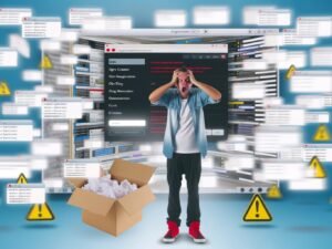 Illustration eines frustrierten Creators vor einem überladenen CMS-Backend mit offenen Plugins, im Hintergrund eine klare Directus-Oberfläche.