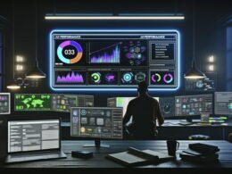 Hochmoderner Arbeitsplatz mit großem Monitor und individuell gestaltetem Ad Performance Dashboard, das Echtzeit-KPIs, bunte Charts und Heatmaps zeigt. Eine konzentrierte Person prüft Daten mit Tablet und Notizbuch; High-Tech-Setup mit mehreren Geräten und LED-Akzenten.