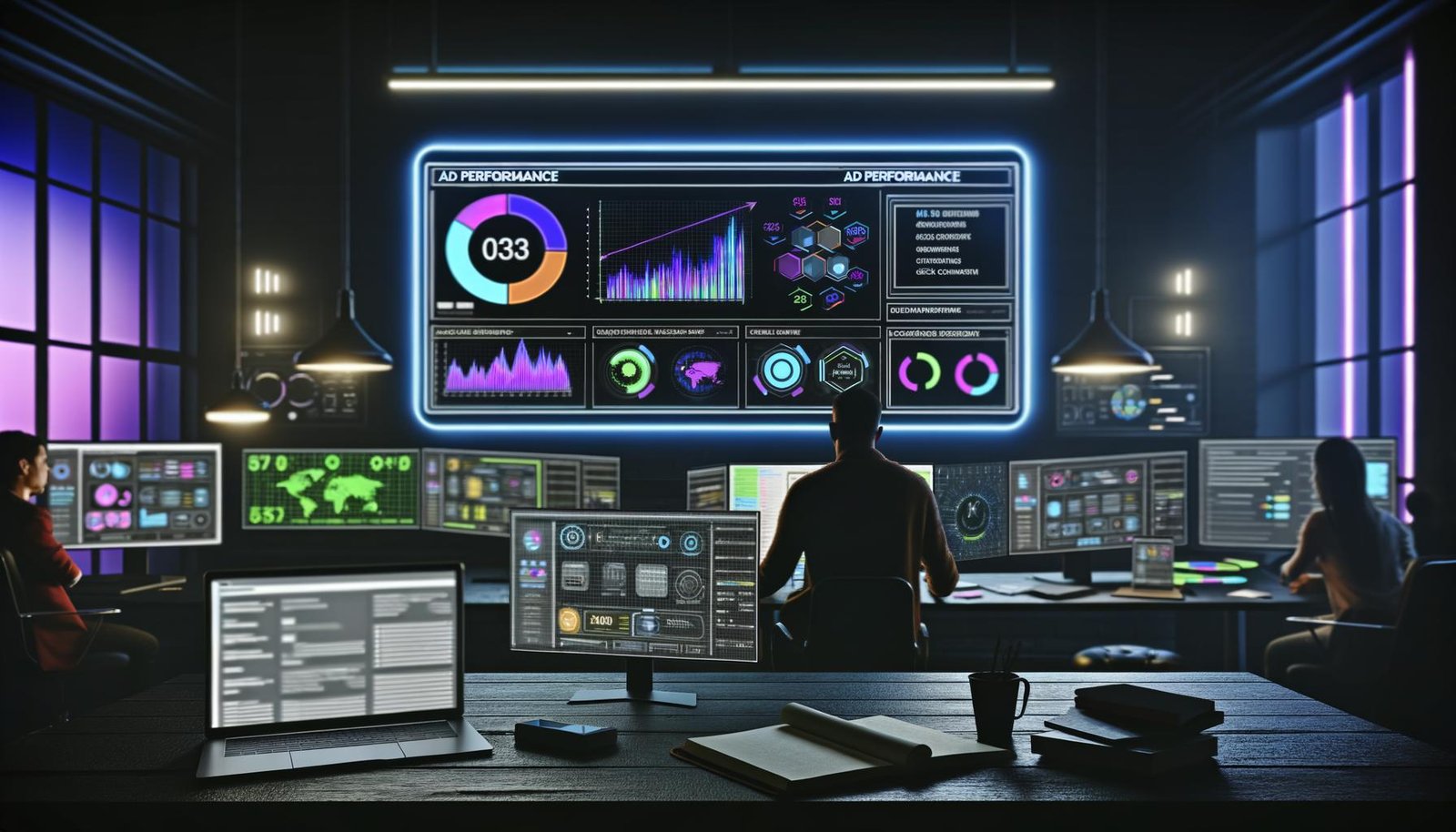 Hochmoderner Arbeitsplatz mit großem Monitor und individuell gestaltetem Ad Performance Dashboard, das Echtzeit-KPIs, bunte Charts und Heatmaps zeigt. Eine konzentrierte Person prüft Daten mit Tablet und Notizbuch; High-Tech-Setup mit mehreren Geräten und LED-Akzenten.