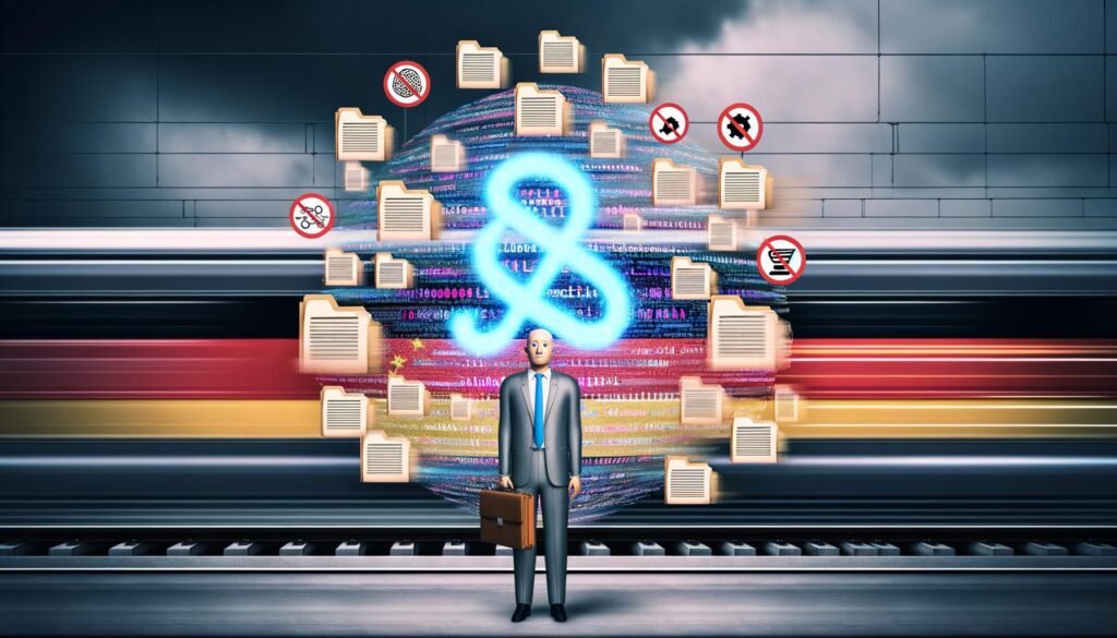 Moderne Illustration eines deutschen Regierungsbeamten umgeben von überdimensionierten Aktenordnern und Gesetzessymbolen, während leuchtende KI-Icons an einer Mauer deutscher Bürokratie abprallen. Im Hintergrund rasen US- und China-Züge vorbei.