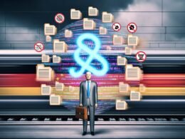 Moderne Illustration eines deutschen Regierungsbeamten umgeben von überdimensionierten Aktenordnern und Gesetzessymbolen, während leuchtende KI-Icons an einer Mauer deutscher Bürokratie abprallen. Im Hintergrund rasen US- und China-Züge vorbei.