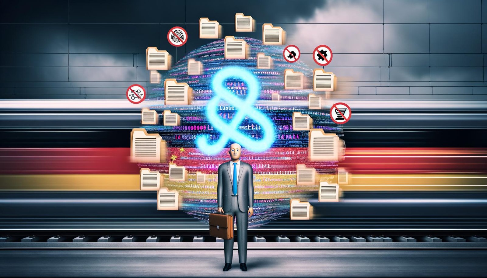 Moderne Illustration eines deutschen Regierungsbeamten umgeben von überdimensionierten Aktenordnern und Gesetzessymbolen, während leuchtende KI-Icons an einer Mauer deutscher Bürokratie abprallen. Im Hintergrund rasen US- und China-Züge vorbei.