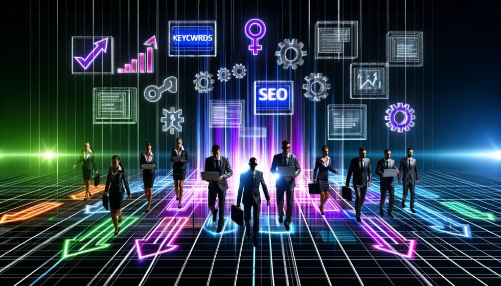 Energiegeladene Szene von Businessleuten mit Technikgeräten im futuristischen SEO-Wettbewerb, über deren Köpfen SEO-Symbole und Diagramme schweben.