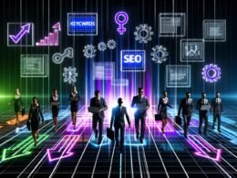 Energiegeladene Szene von Businessleuten mit Technikgeräten im futuristischen SEO-Wettbewerb, über deren Köpfen SEO-Symbole und Diagramme schweben.