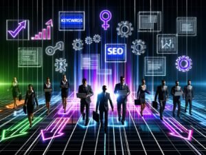 Energiegeladene Szene von Businessleuten mit Technikgeräten im futuristischen SEO-Wettbewerb, über deren Köpfen SEO-Symbole und Diagramme schweben.