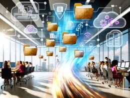 Dynamische Szene mit diversen Mitarbeitern, die an Bildschirmen arbeiten, bunte Datei-Icons und digitale Workflows im modernen Büro